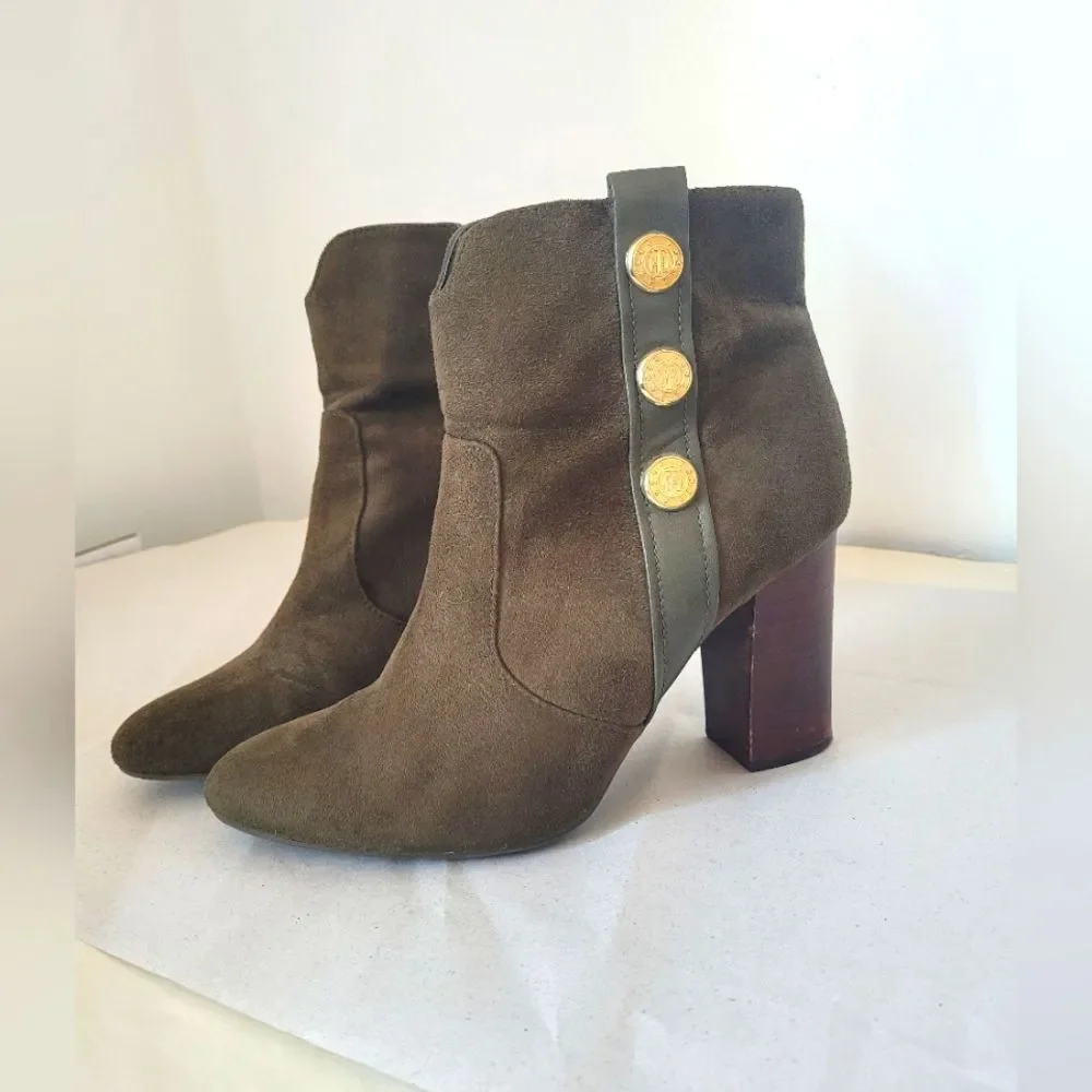 Tommy Hilfiger Olive Green Faux Suede Ankle Boots Gold Chunky Heel Zip Size 10